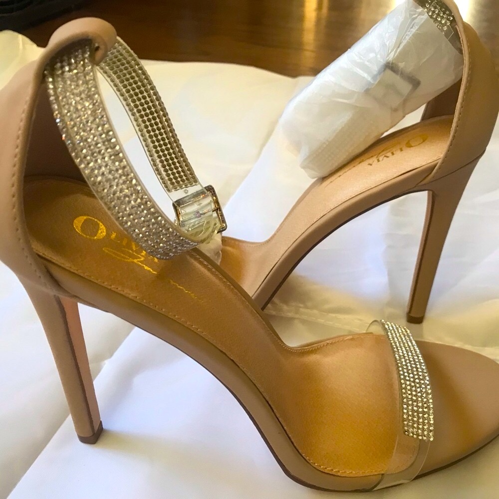 Fashion Nova Nude, open-toe high heels with studs.